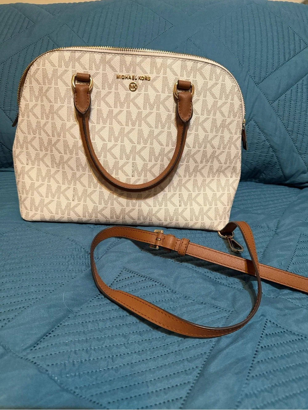 Michael Kors Cream and Brown MK Signature Dome Satchel with Removable Strap
